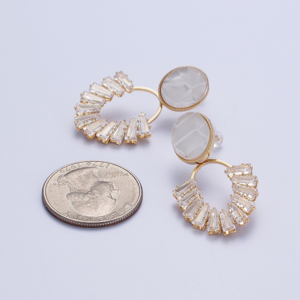 White Opal Oval with Baguette Cubic Zirconia Drop Gold Stud Earrings | X-883 - DLUXCA
