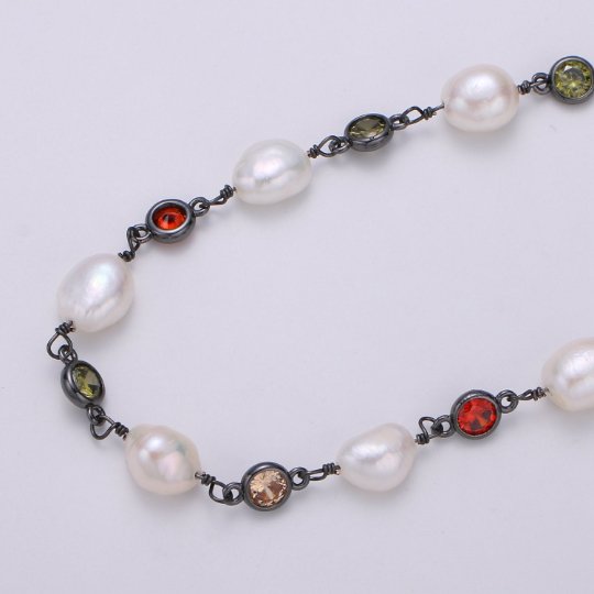 White Pearl Rosary Chain with 5mm Multi Colored CZ Beaded Roll Chain, Gold Silver Gun Metal For Necklace Bracelet Anklet Supply Component, DESIGNED PEARL Chain | ROLL-383, ROLL-384, ROLL-385 Clearance Pricing