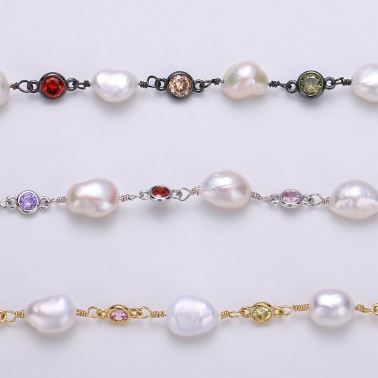 White Pearl Rosary Chain with 5mm Multi Colored CZ Beaded Roll Chain, Gold Silver Gun Metal For Necklace Bracelet Anklet Supply Component, DESIGNED PEARL Chain | ROLL-383, ROLL-384, ROLL-385 Clearance Pricing
