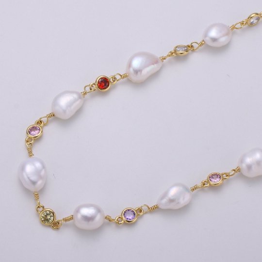 White Pearl Rosary Chain with 5mm Multi Colored CZ Beaded Roll Chain, Gold Silver Gun Metal For Necklace Bracelet Anklet Supply Component, DESIGNED PEARL Chain | ROLL-383, ROLL-384, ROLL-385 Clearance Pricing