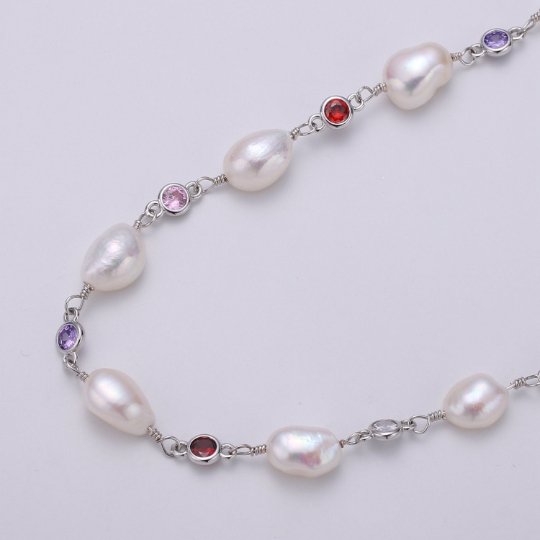 White Pearl Rosary Chain with 5mm Multi Colored CZ Beaded Roll Chain, Gold Silver Gun Metal For Necklace Bracelet Anklet Supply Component, DESIGNED PEARL Chain | ROLL-383, ROLL-384, ROLL-385 Clearance Pricing