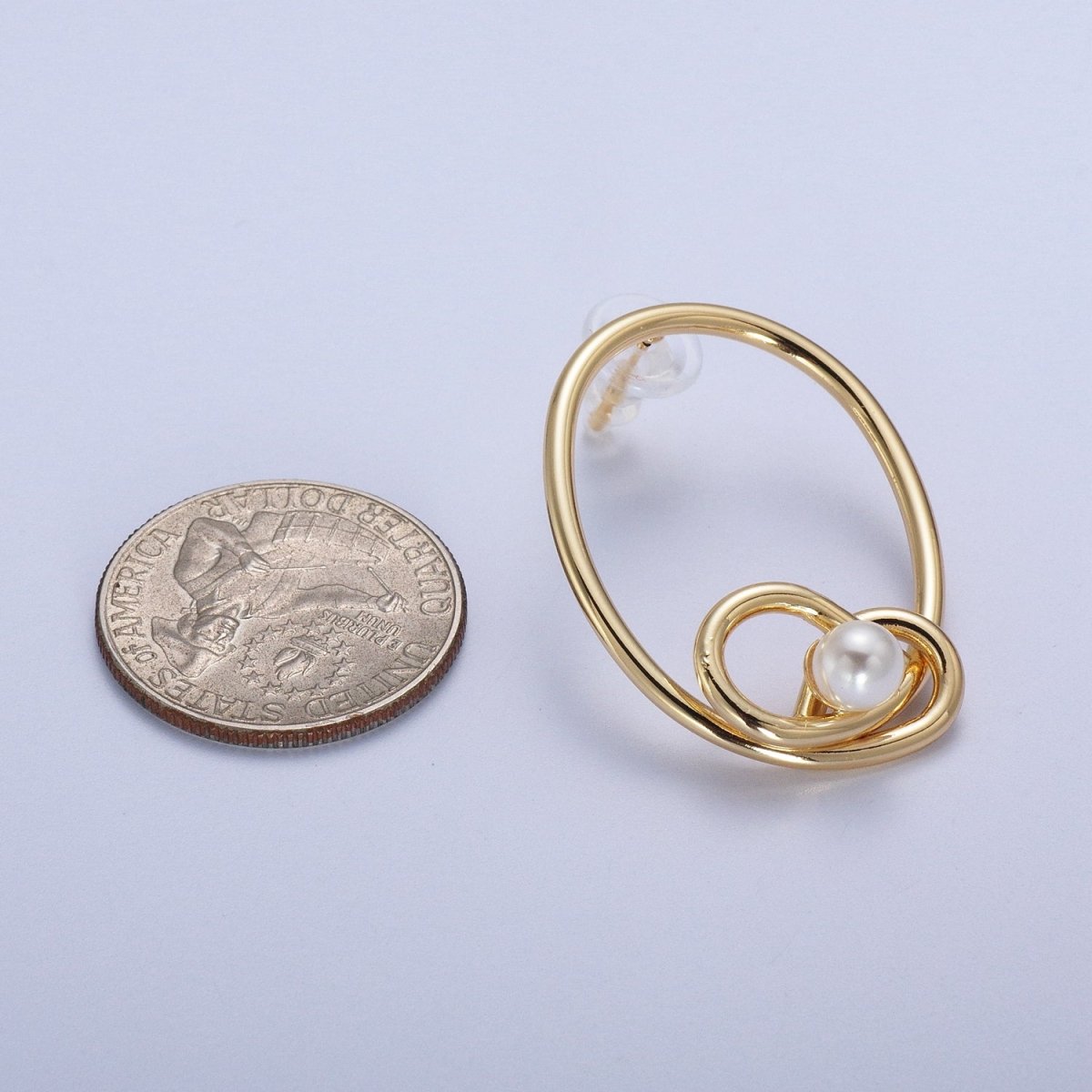 White Pearl Rounded Oval Geometric Bar Gold Stud Statement Earrings | Y-275 - DLUXCA