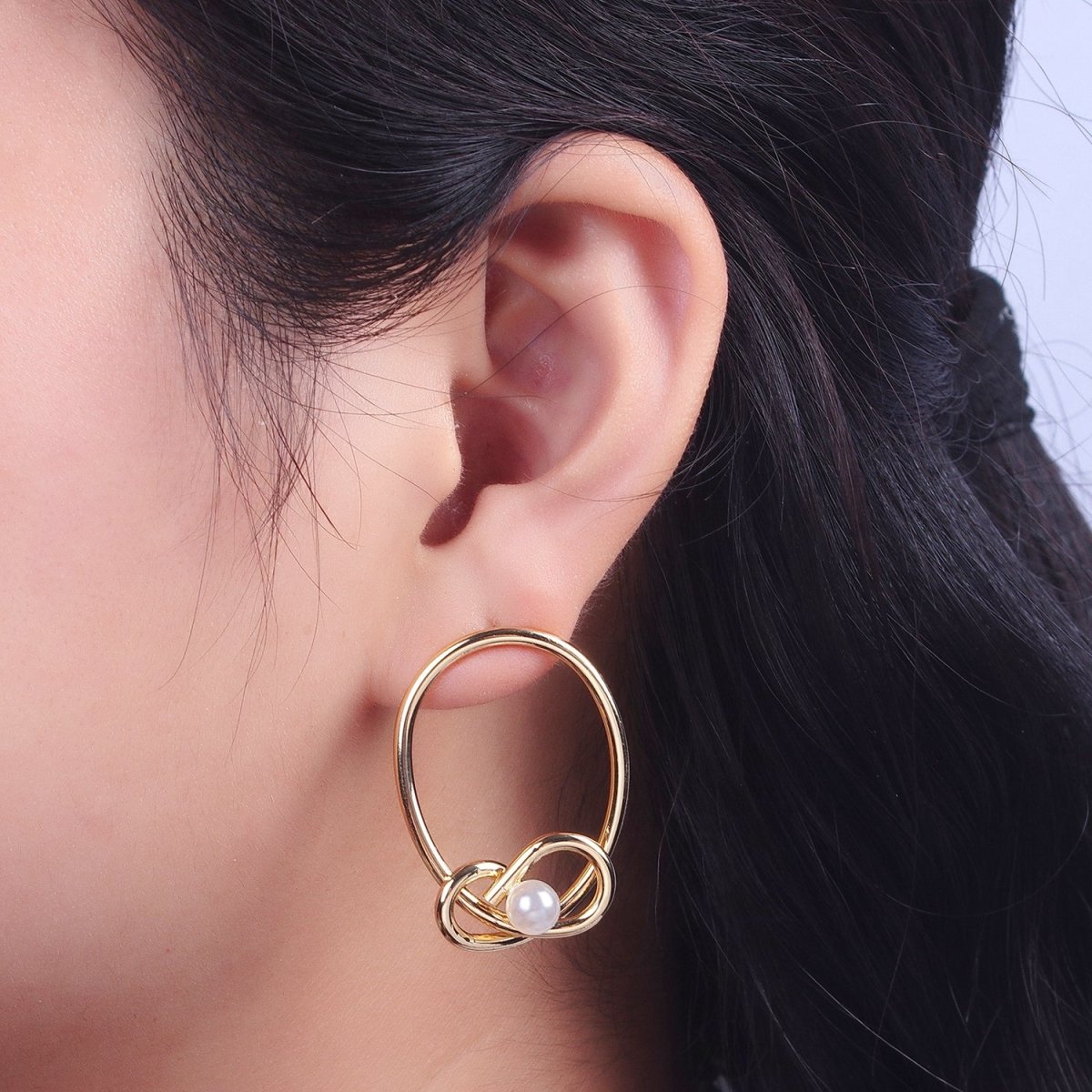 White Pearl Rounded Oval Geometric Bar Gold Stud Statement Earrings | Y-275 - DLUXCA