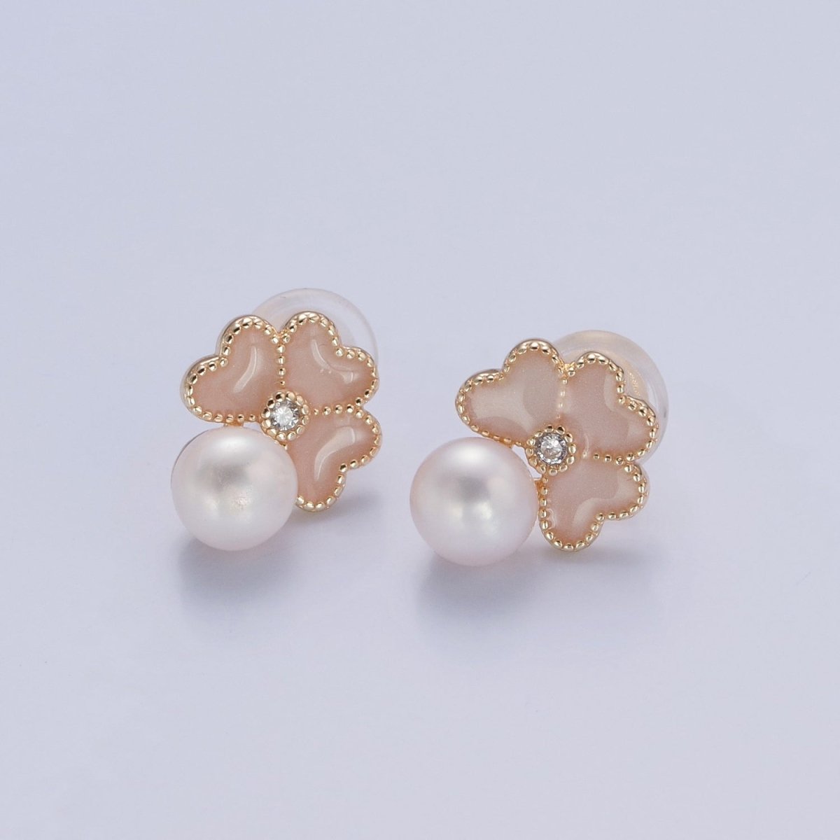 OS White Pearl Stud Earring with Pink Heart for Wedding Jewelry T-531