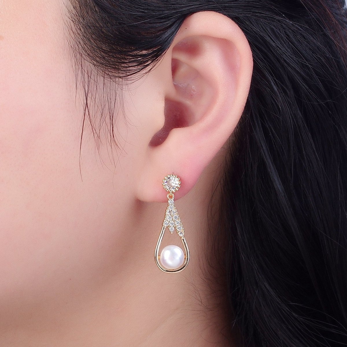 White Pearl Stud Earring with Tear Drop Gold Micro Pave for Wedding Jewelry T-535 - DLUXCA