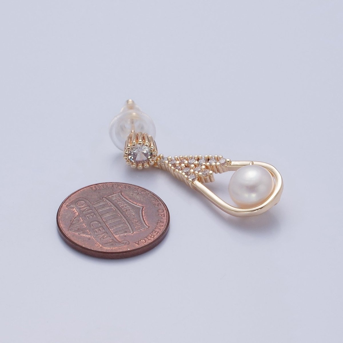 White Pearl Stud Earring with Tear Drop Gold Micro Pave for Wedding Jewelry T-535 - DLUXCA