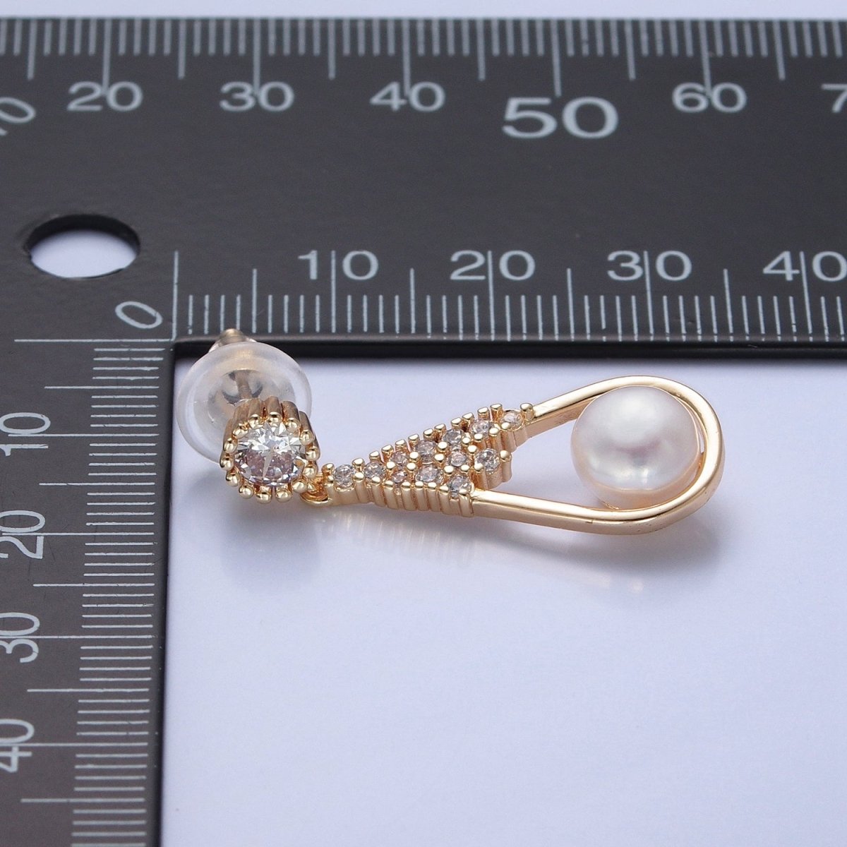 White Pearl Stud Earring with Tear Drop Gold Micro Pave for Wedding Jewelry T-535 - DLUXCA
