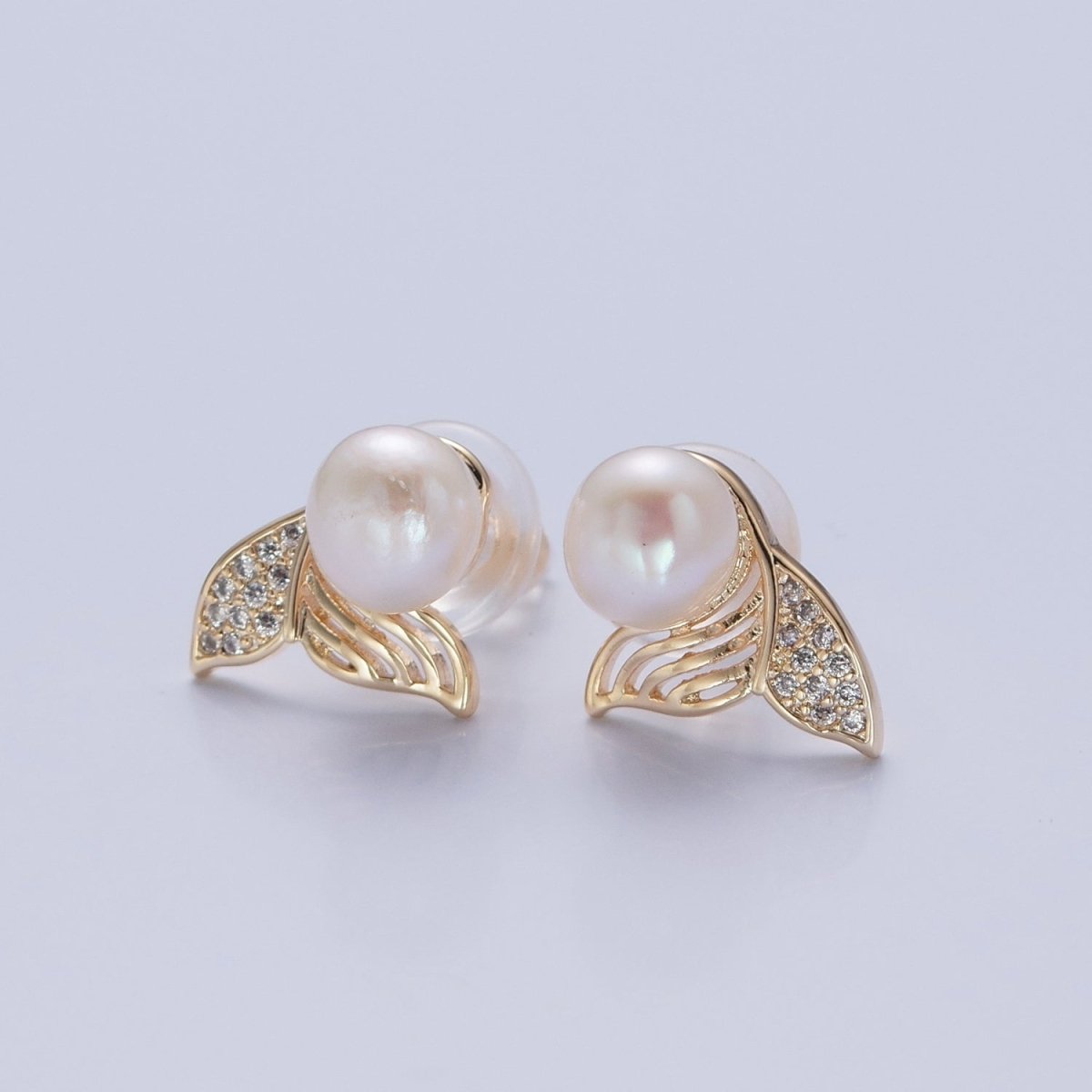 White Pearl with Gold Micro Pave Mermaid Tail Stud Earring V-397 - DLUXCA