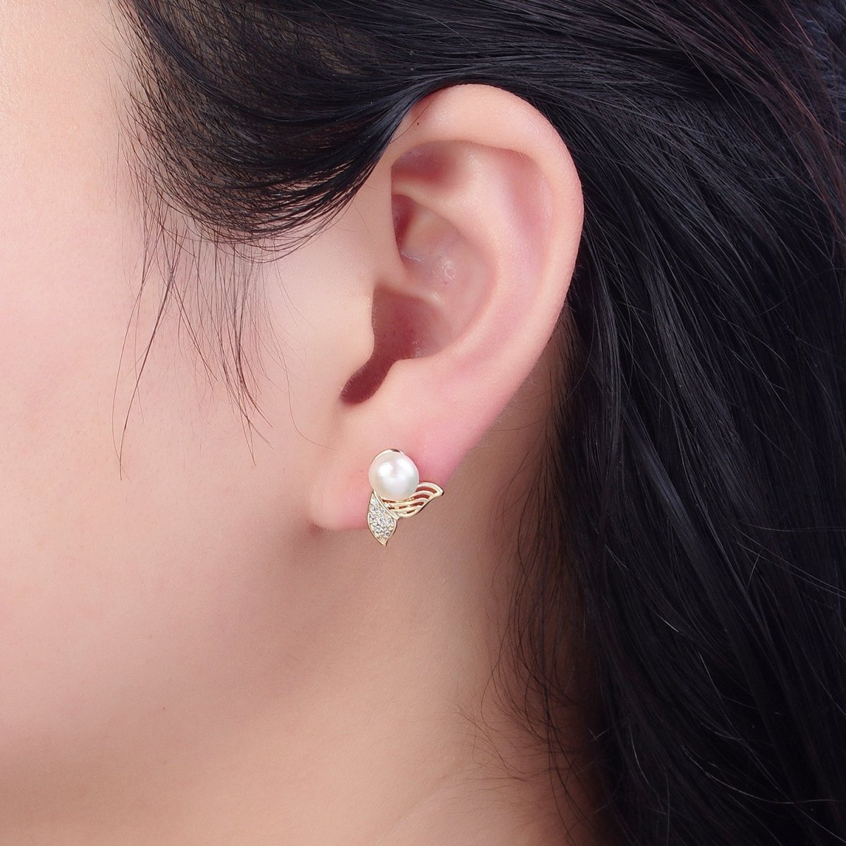 White Pearl with Gold Micro Pave Mermaid Tail Stud Earring V-397 - DLUXCA