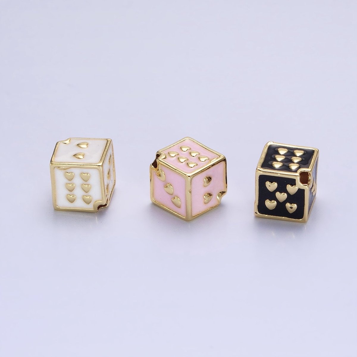 White, Pink, Black Enamel Heart Lucky Dice 9mm Beads | B-192