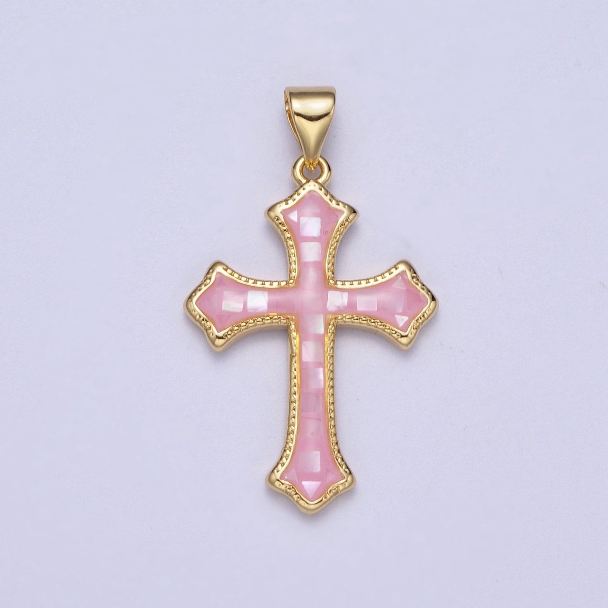 White, Pink, Blue Shell Opal Religious Passion Cross Gold Pendant H-395 H-416 H-433
