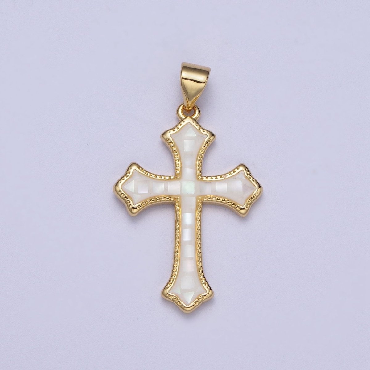 White, Pink, Blue Shell Opal Religious Passion Cross Gold Pendant H-395 H-416 H-433