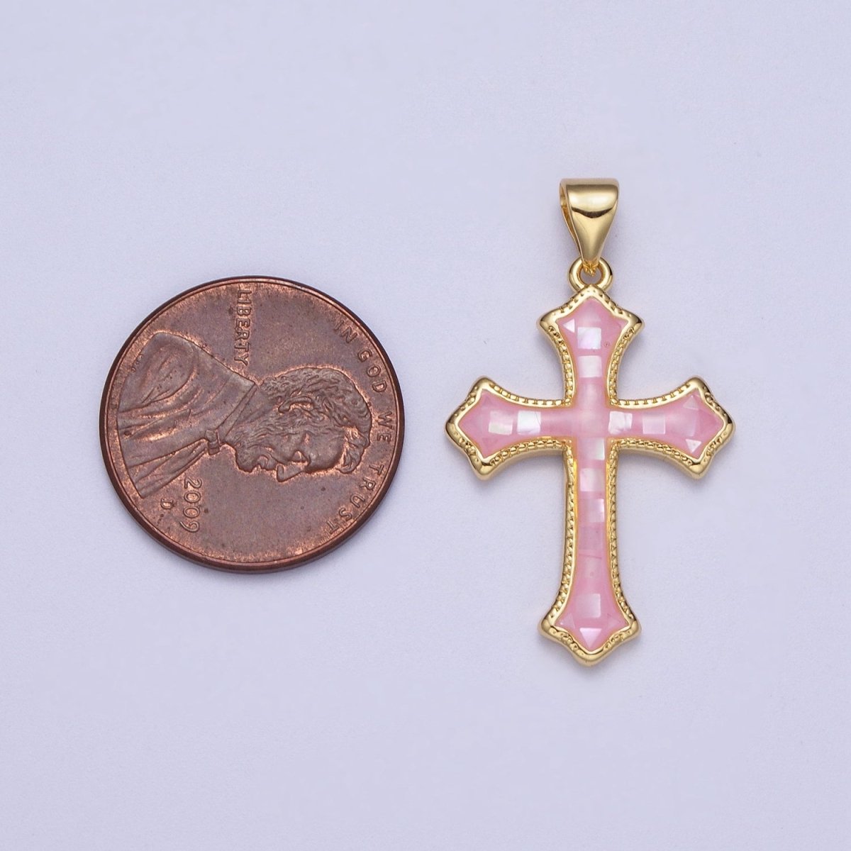 White, Pink, Blue Shell Opal Religious Passion Cross Gold Pendant H-395 H-416 H-433