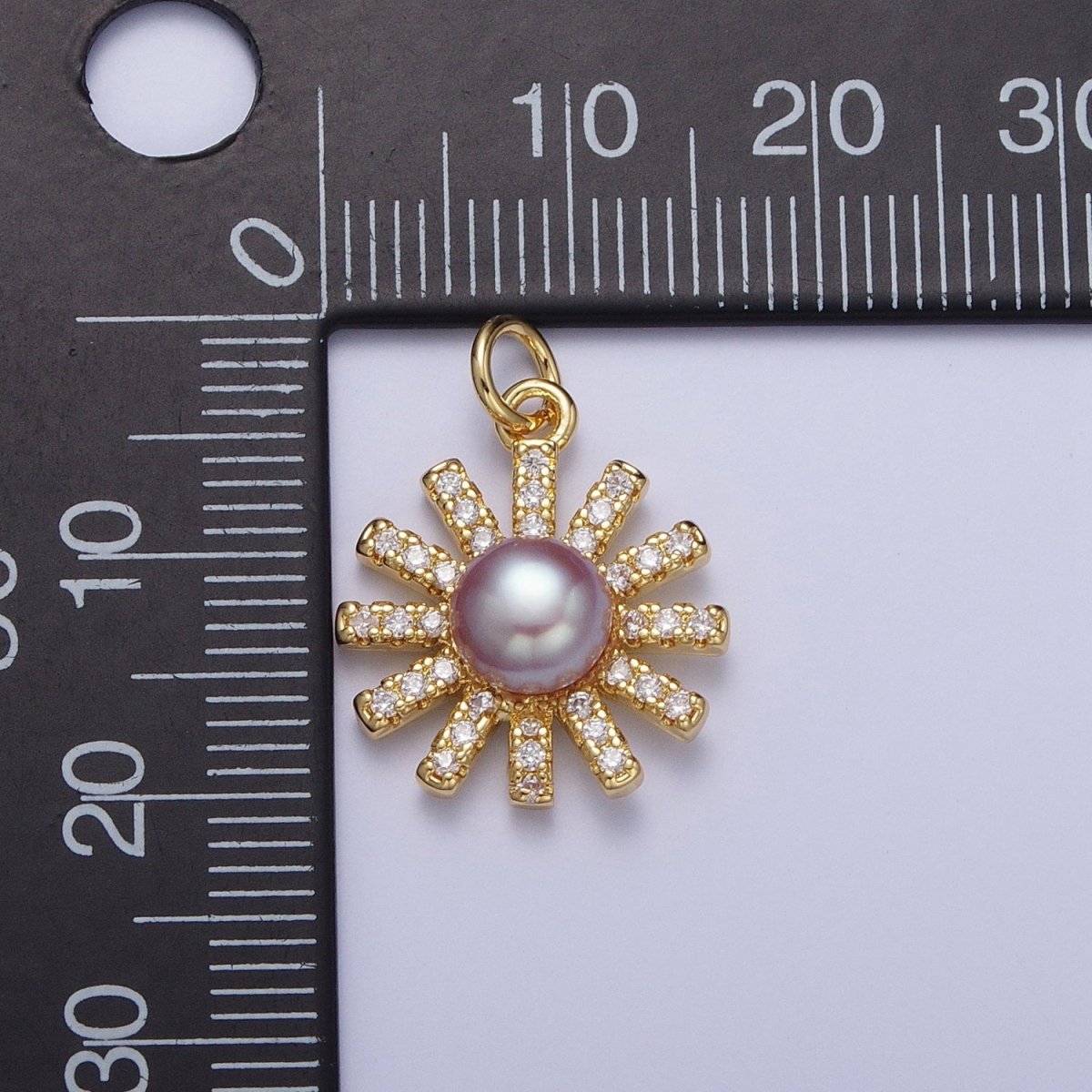 White / Purple Shell Pearl Celestial Micro Paved CZ Sun Flower Charm | N-645