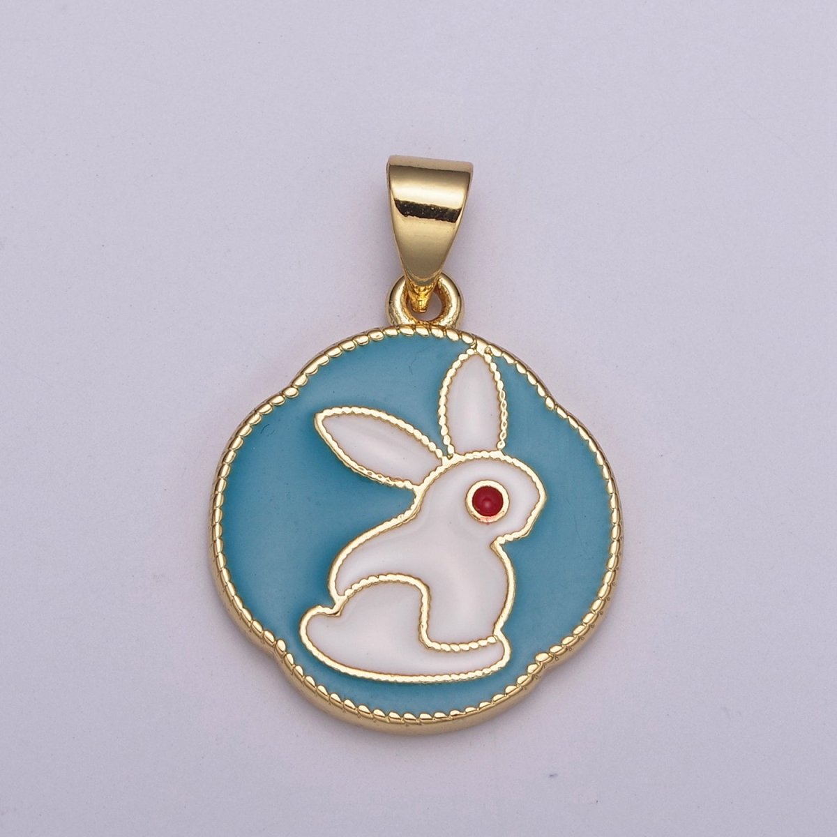 White Rabbit Charm, Hare Charm in Round Coin Disc Charm, Bunny Charm 14k Gold Filled N-517 - DLUXCA