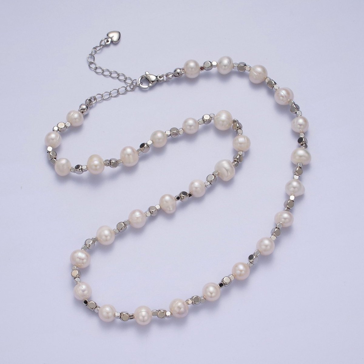 White Shell Pearl Silver Cube Spacer Beads 15.75 Inch Necklace | WA-1421 Clearance Pricing - DLUXCA