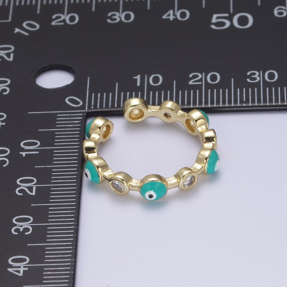 White, Teal, Blue, Black Round Evil Eye Enamel Clear CZ Stackable Ring U-073 - U-076