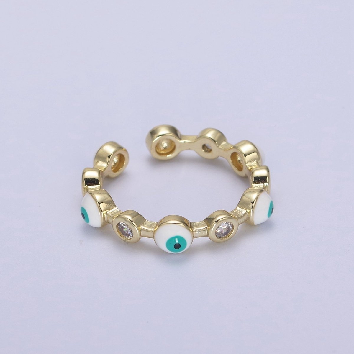 White, Teal, Blue, Black Round Evil Eye Enamel Clear CZ Stackable Ring U-073 - U-076