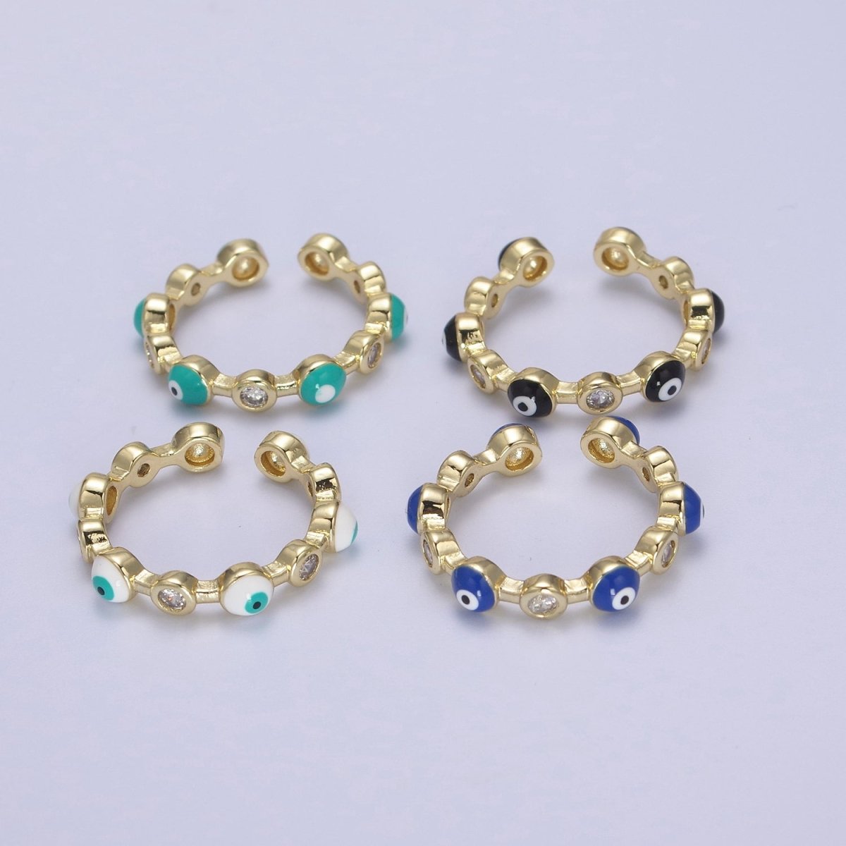 White, Teal, Blue, Black Round Evil Eye Enamel Clear CZ Stackable Ring U-073 - U-076