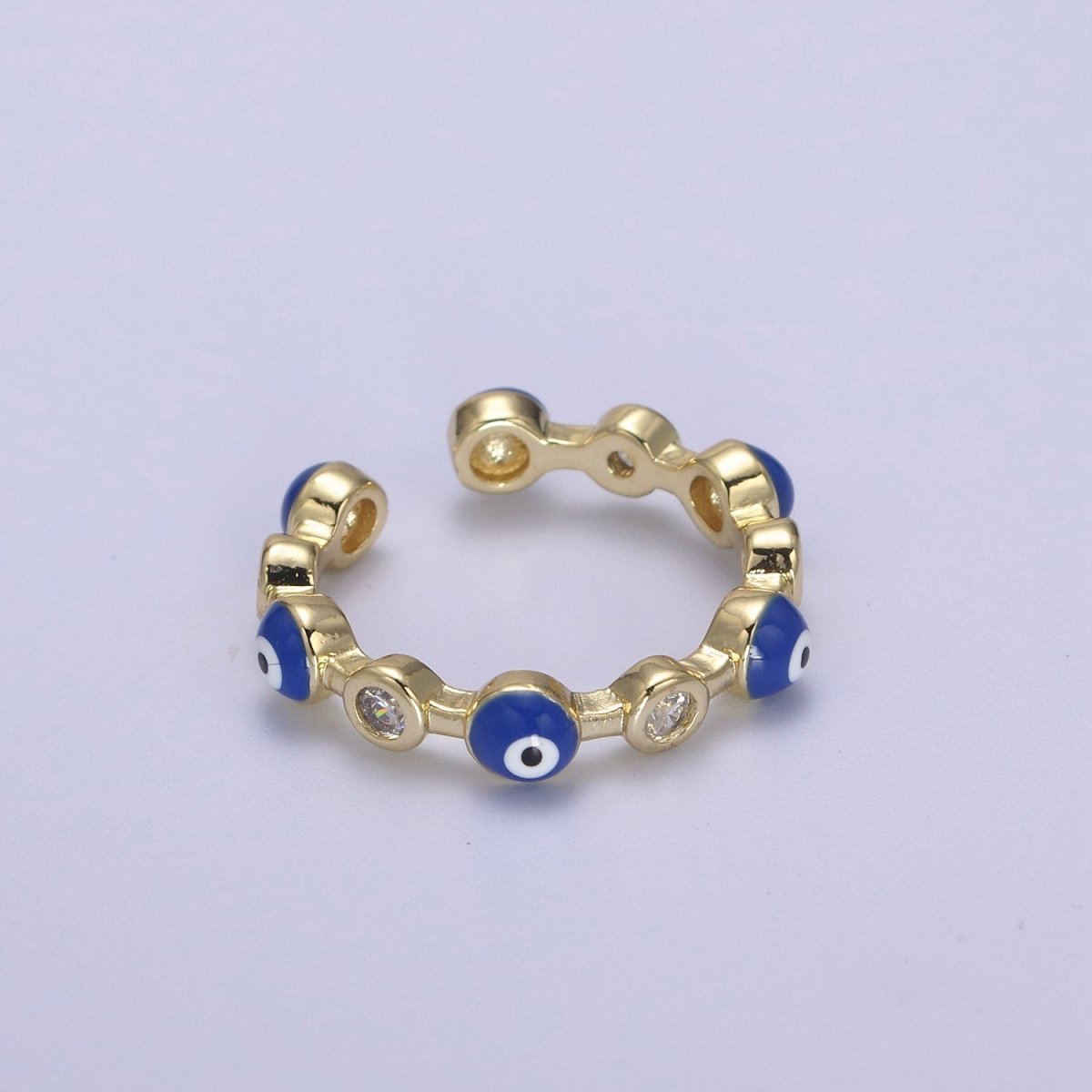 White, Teal, Blue, Black Round Evil Eye Enamel Clear CZ Stackable Ring U-073 - U-076