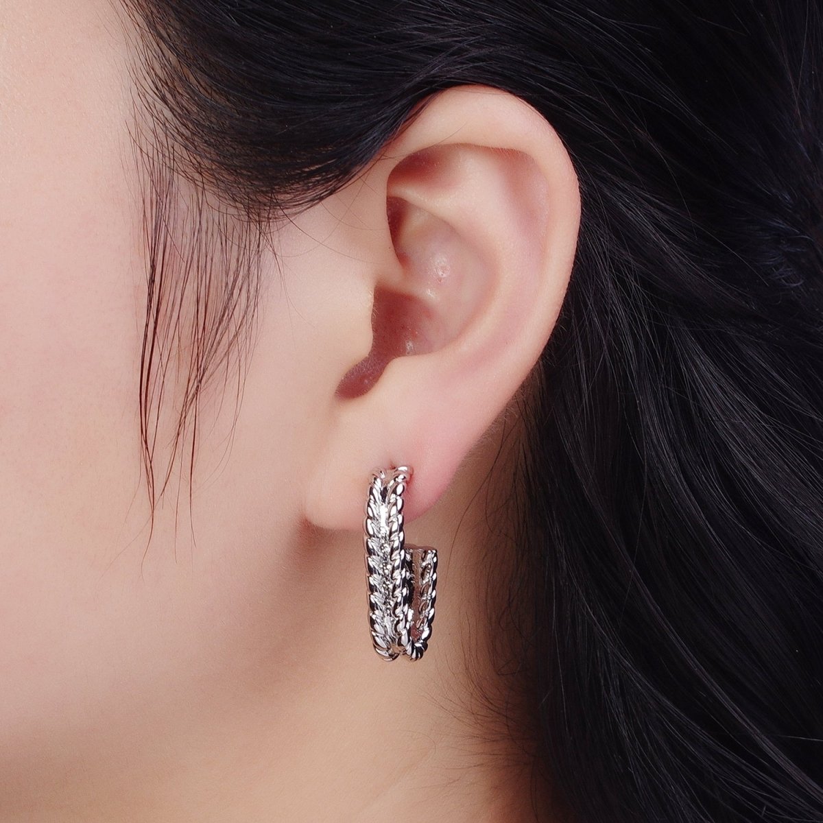 Wide Braided Twist Wheat J Shaped Hoop Stud Earrings in Gold & Silver | AD-528 AD-529