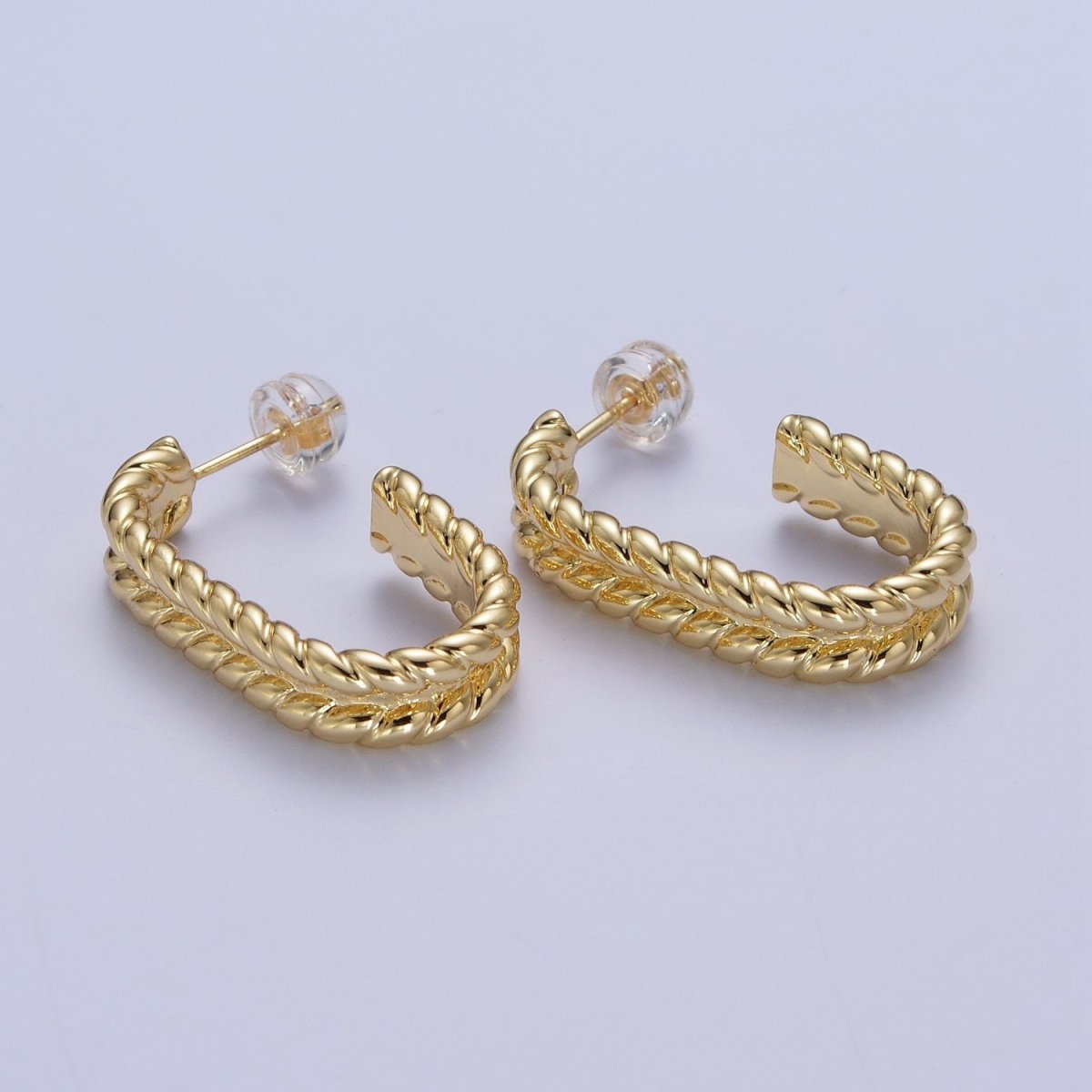 Wide Braided Twist Wheat J Shaped Hoop Stud Earrings in Gold & Silver | AD-528 AD-529