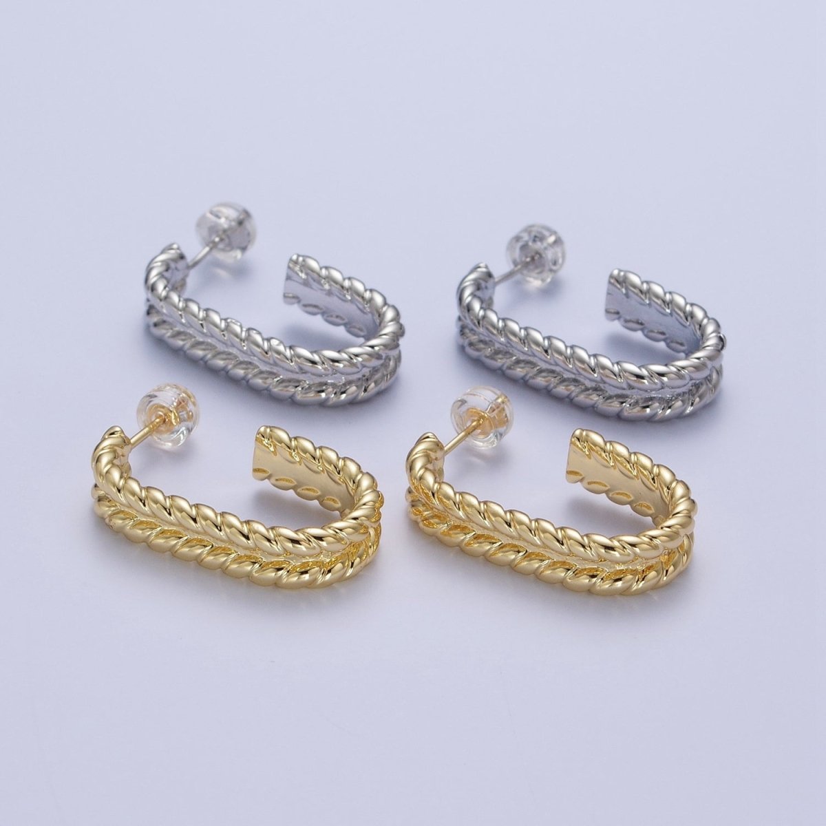 Wide Braided Twist Wheat J Shaped Hoop Stud Earrings in Gold & Silver | AD-528 AD-529