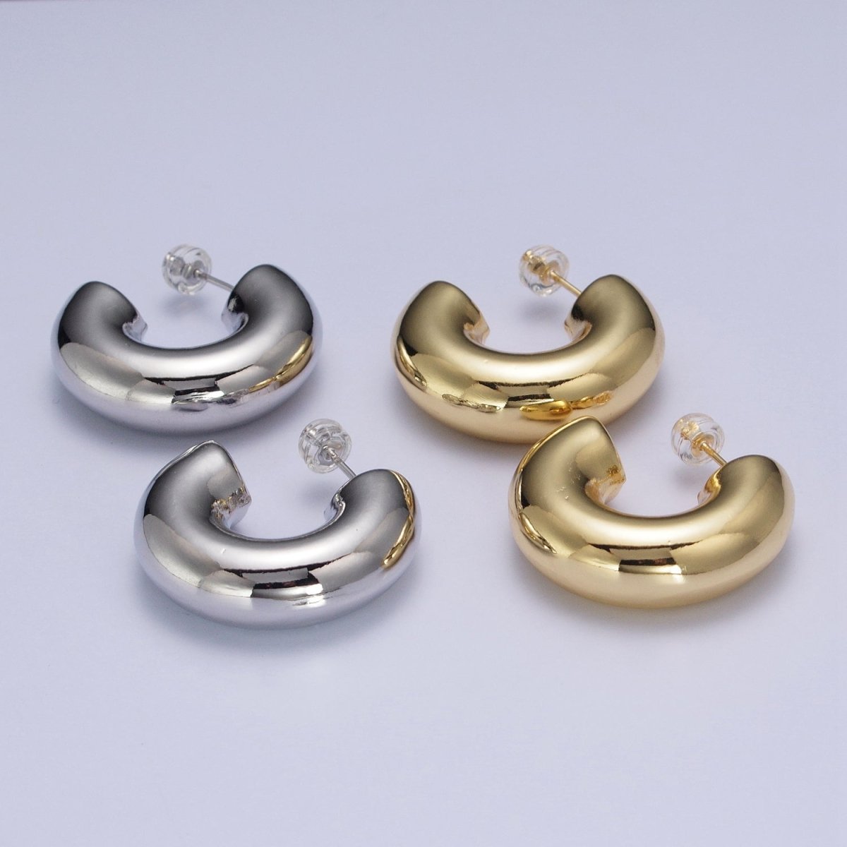 Wide Chubby C Shaped Hoop Stud Earrings in Gold & Silver | AD-504 AD-505