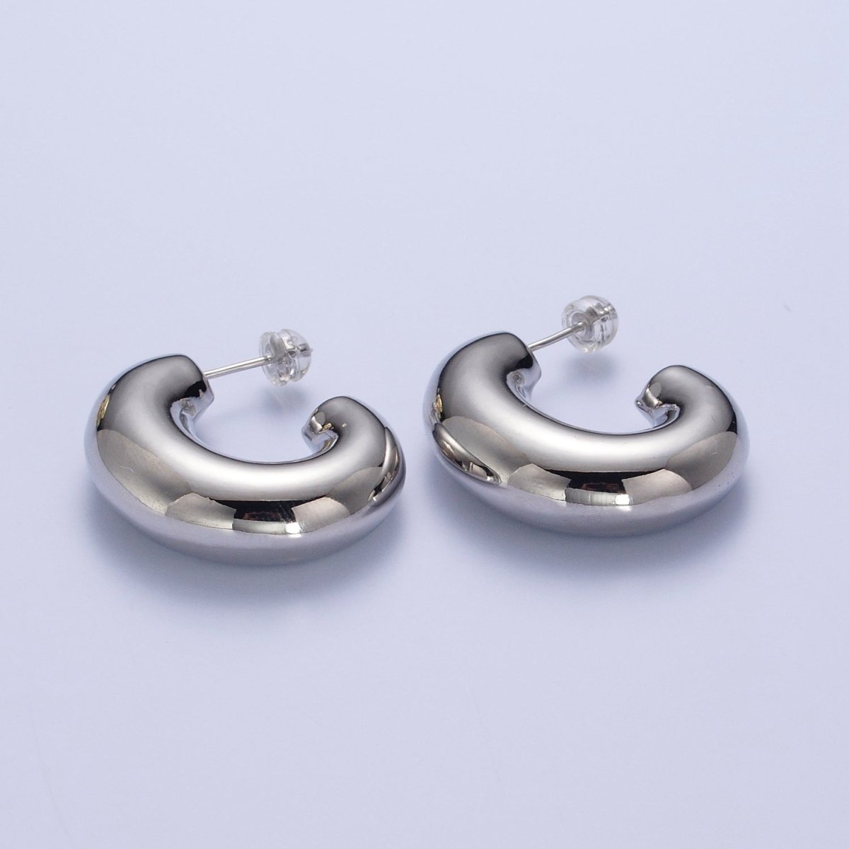 Wide Chubby J Shaped Hoop Stud Geometric Earrings in Gold & Silver | AD-533 AD-534
