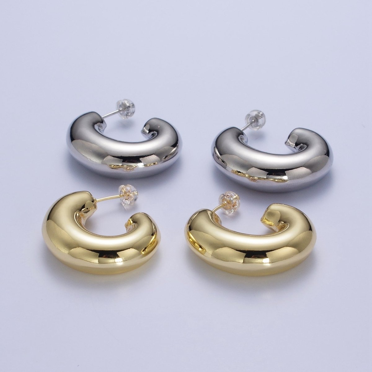 Wide Chubby J Shaped Hoop Stud Geometric Earrings in Gold & Silver | AD-533 AD-534