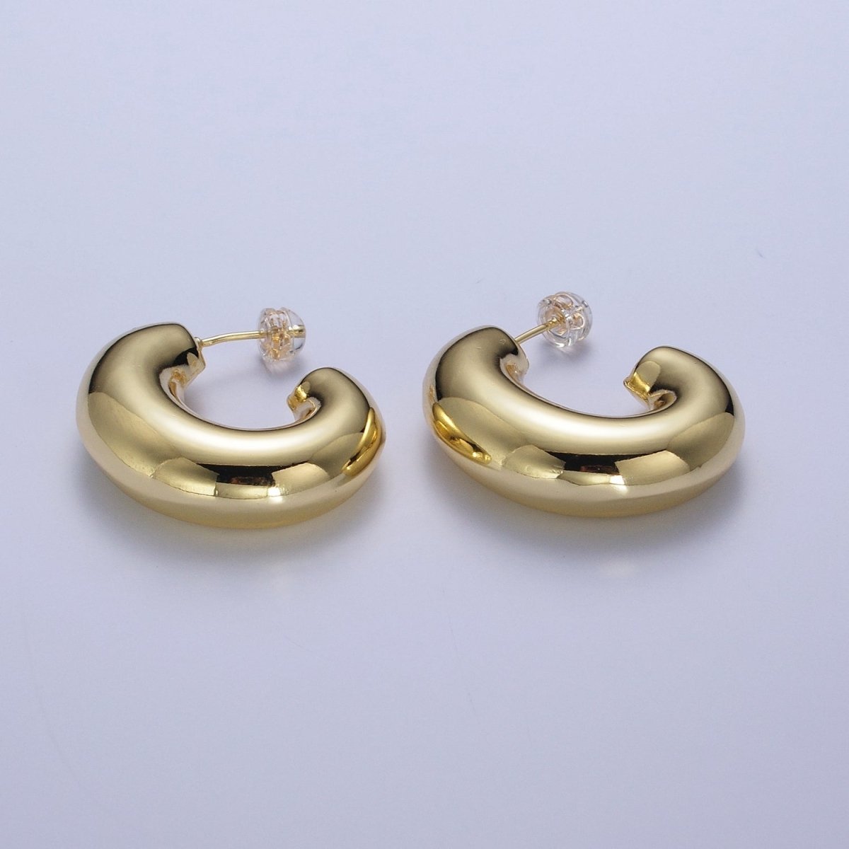 Wide Chubby J Shaped Hoop Stud Geometric Earrings in Gold & Silver | AD-533 AD-534