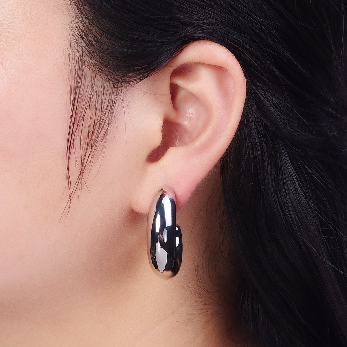Wide Chubby J Shaped Hoop Stud Geometric Earrings in Gold & Silver | AD-533 AD-534