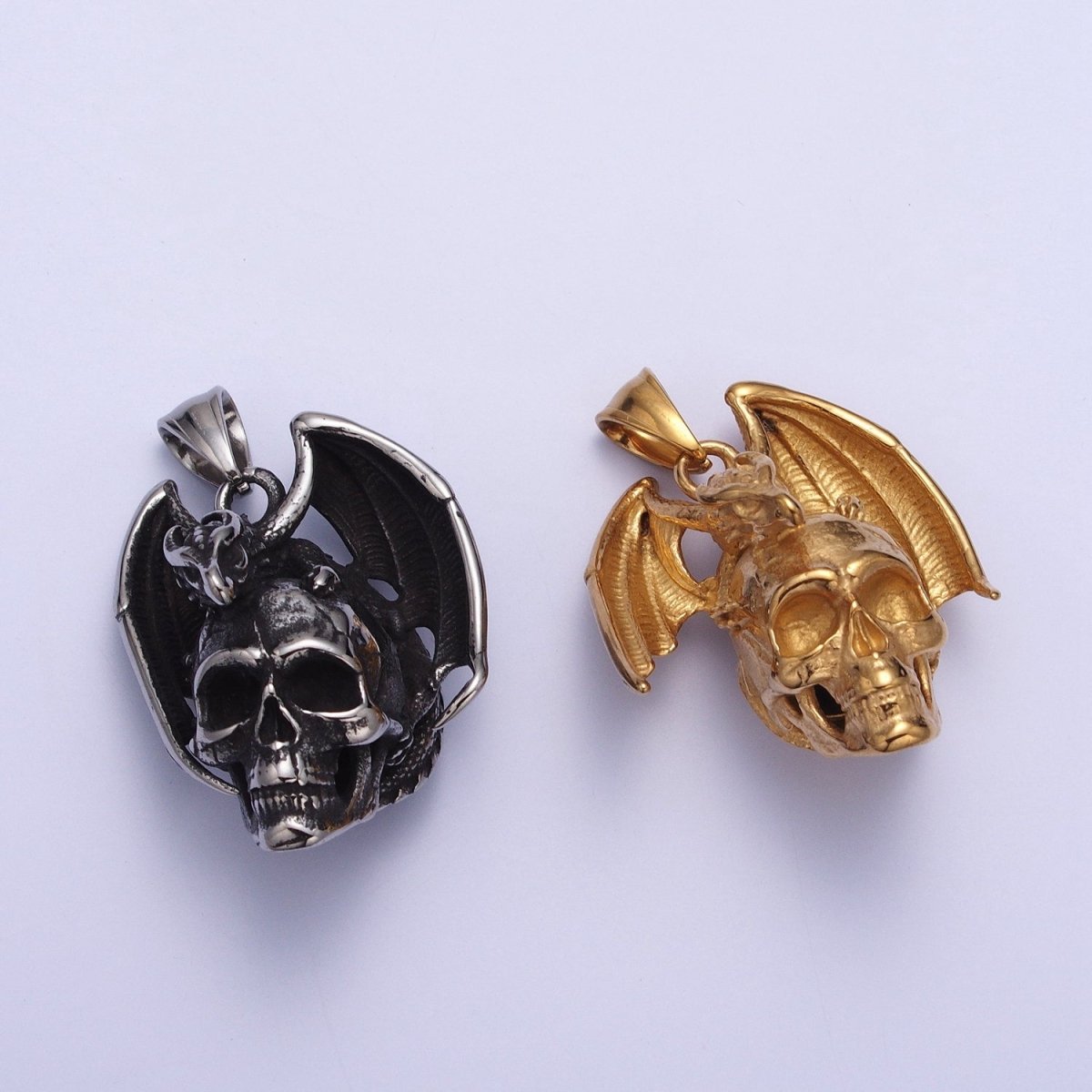 Winged Dragon on Skull Skeleton Stainless Steel Pendant in Gold & Silver | X-667 X-668