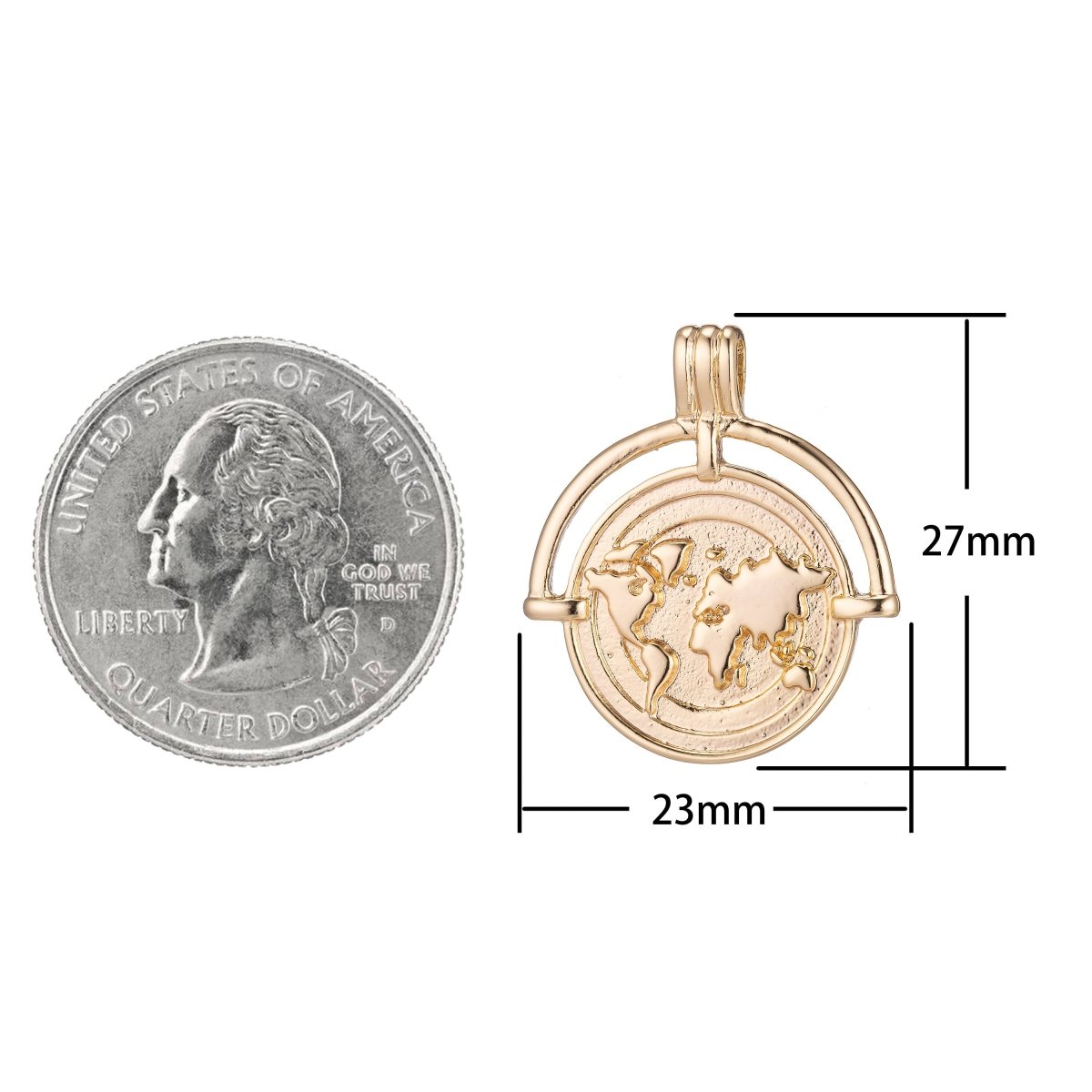 World Traveller Charm, 14K Gold Filled / White Gold Pendant Round Earth Globe Travel Vacay Coin Medallion Necklace Charm for Jewelry Making E-279
