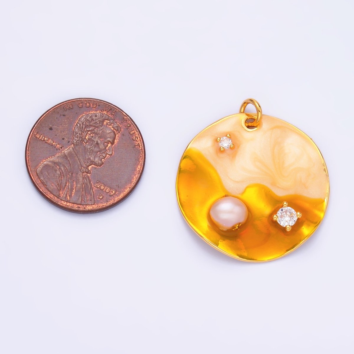 Yellow Gold Coin Charm enamel with pearl beads 24k Gold Filled M - 258 - DLUXCA