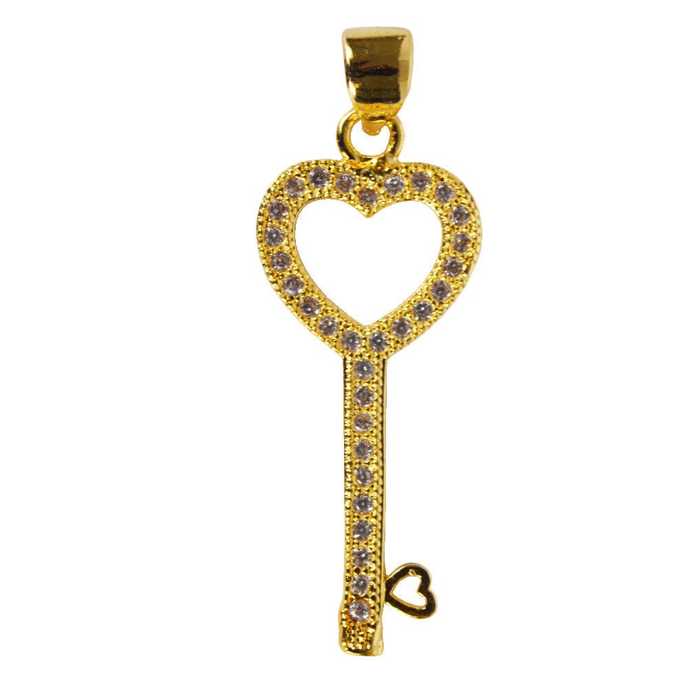 Zirconia Crystal Crystallized Paved Heart Key Copper Necklace Pendant Jewelry Making Charm Gold Filled, PDGF-18-000972/I-36 - DLUXCA
