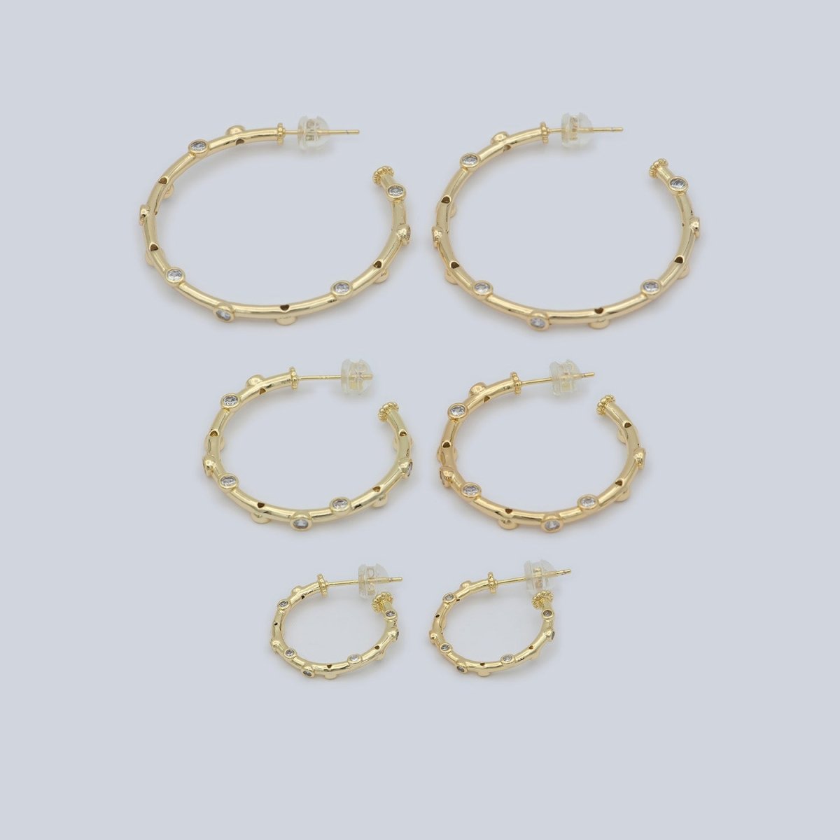 14K Gold Filled 20mm, 30mm, 40mm CZ Dotted C-Shaped Hoop Earrings | P260 - P262