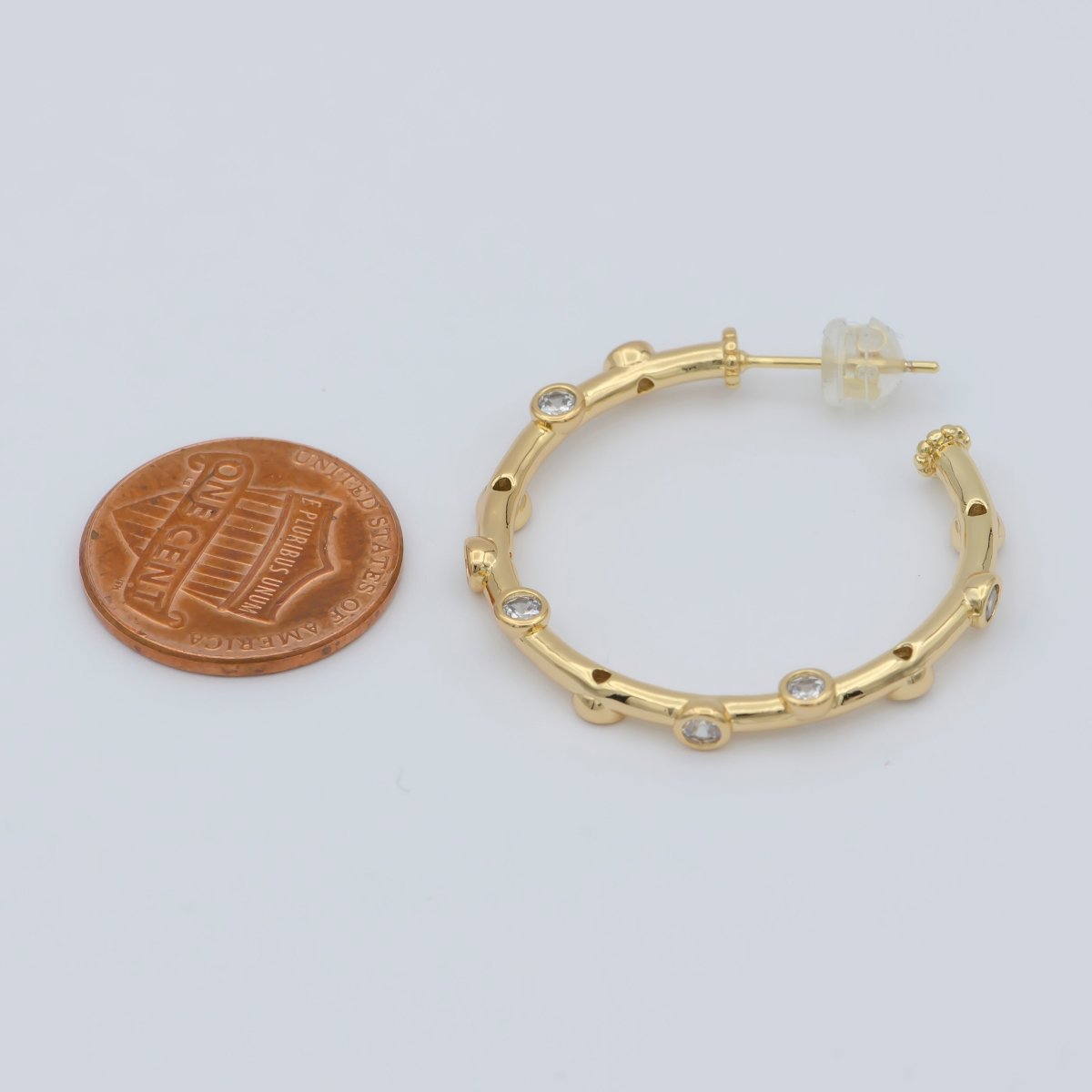 14K Gold Filled 20mm, 30mm, 40mm CZ Dotted C-Shaped Hoop Earrings | P260 - P262