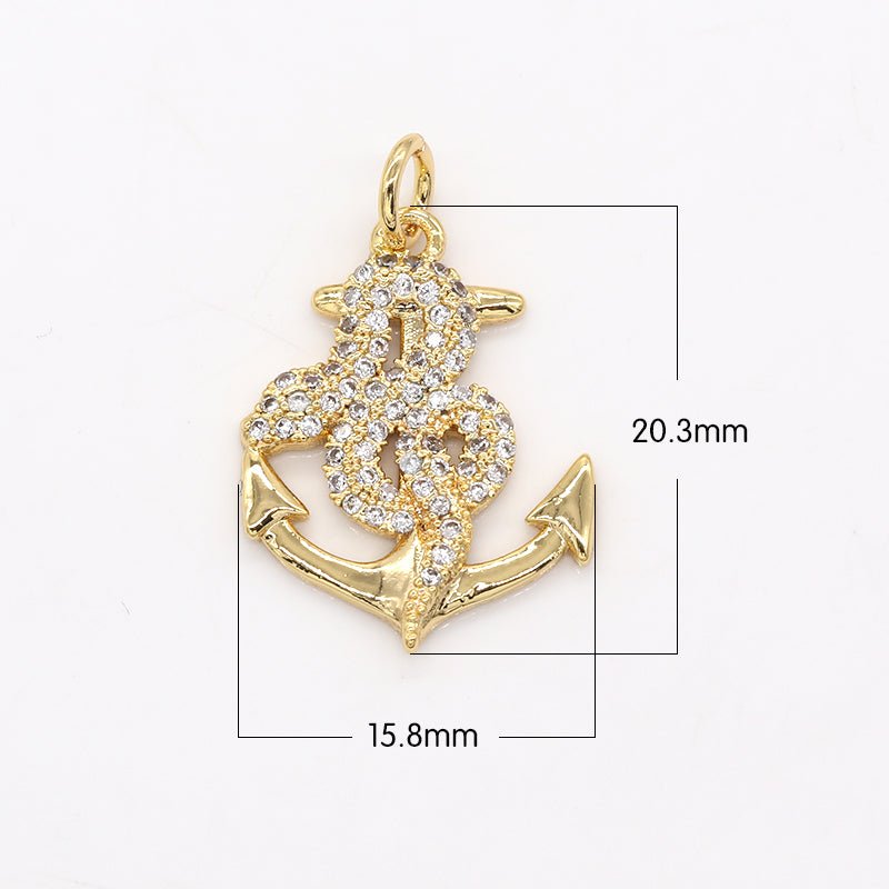 Zirconia Snake on Golden Anchor Charm CZ Animal Nature Ship Toolkit Equipment Micro Pave Charm Pendant GP-548 - DLUXCA