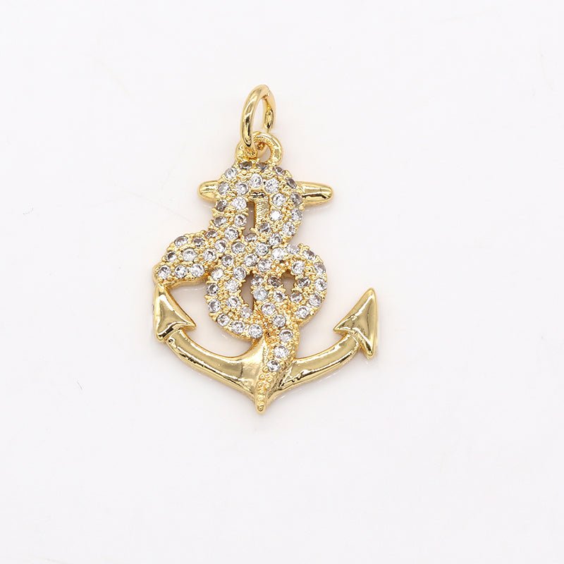 Zirconia Snake on Golden Anchor Charm CZ Animal Nature Ship Toolkit Equipment Micro Pave Charm Pendant GP-548 - DLUXCA