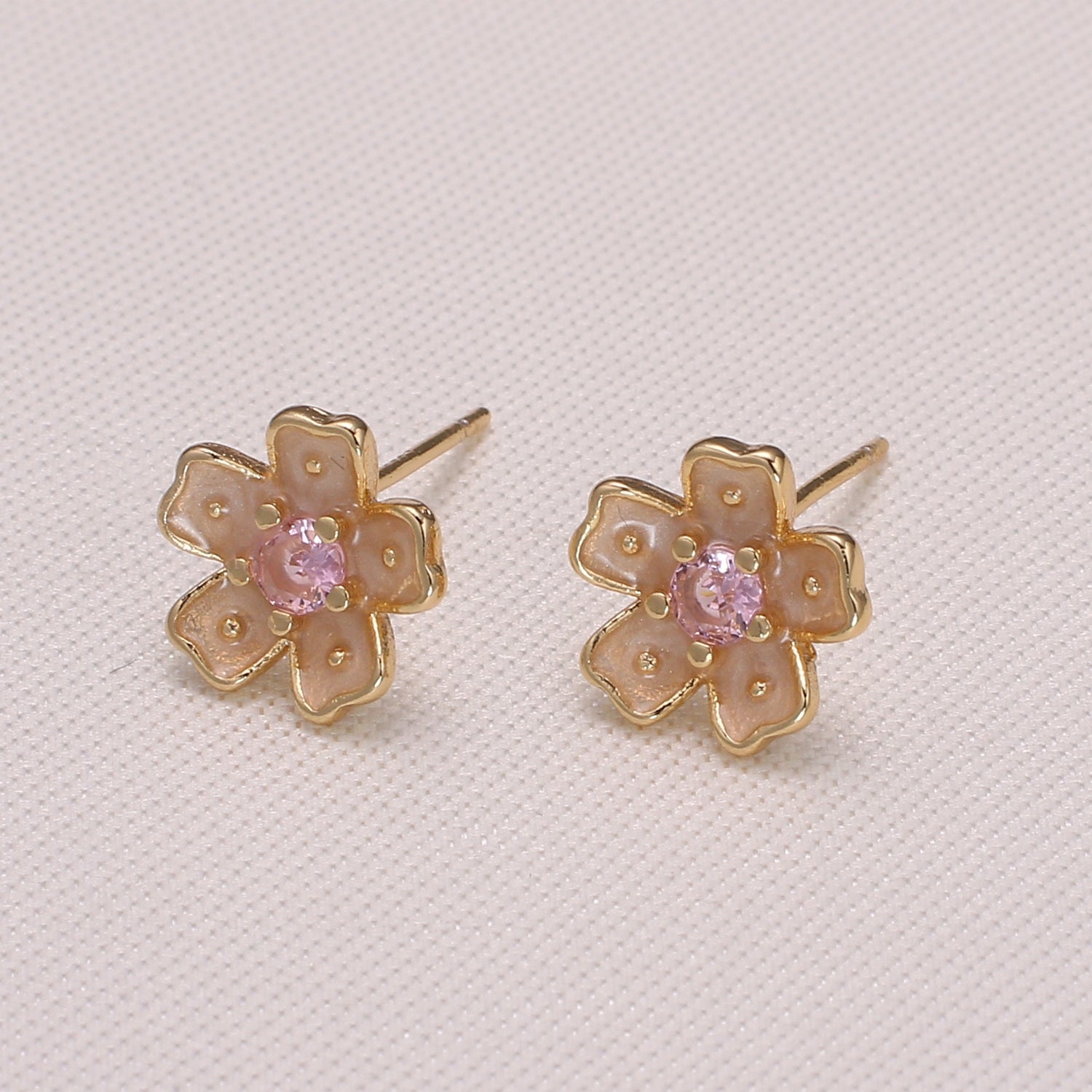 Tiny Peach Gold Zirconia Flower Petal Studs Earring CZ Floral Earring Jewelry - DLUXCA