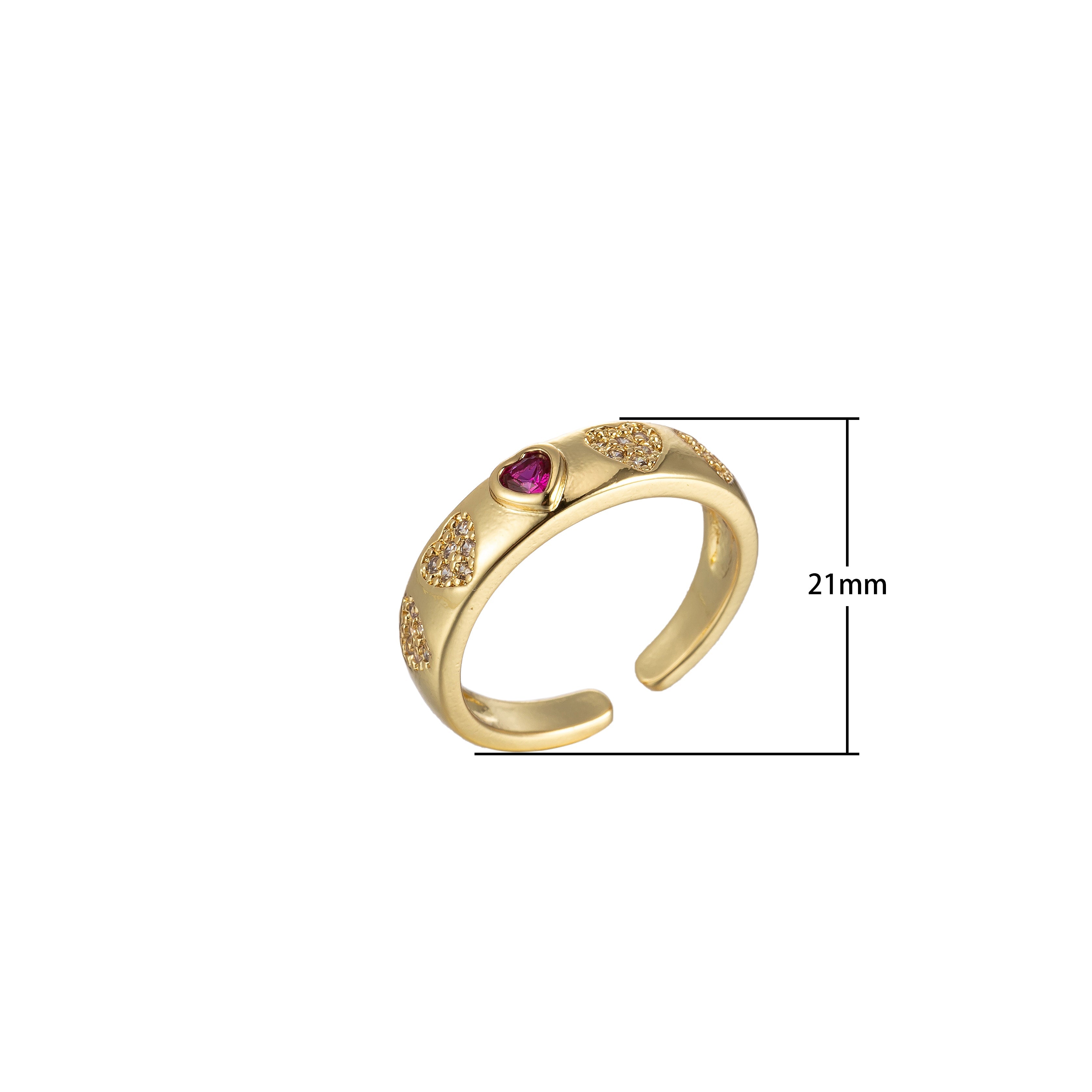 Pink Red Heart CZ Gold Dome Ring Stacking Jewelry | Round Heart Ring Open Adjustable Ring - DLUXCA