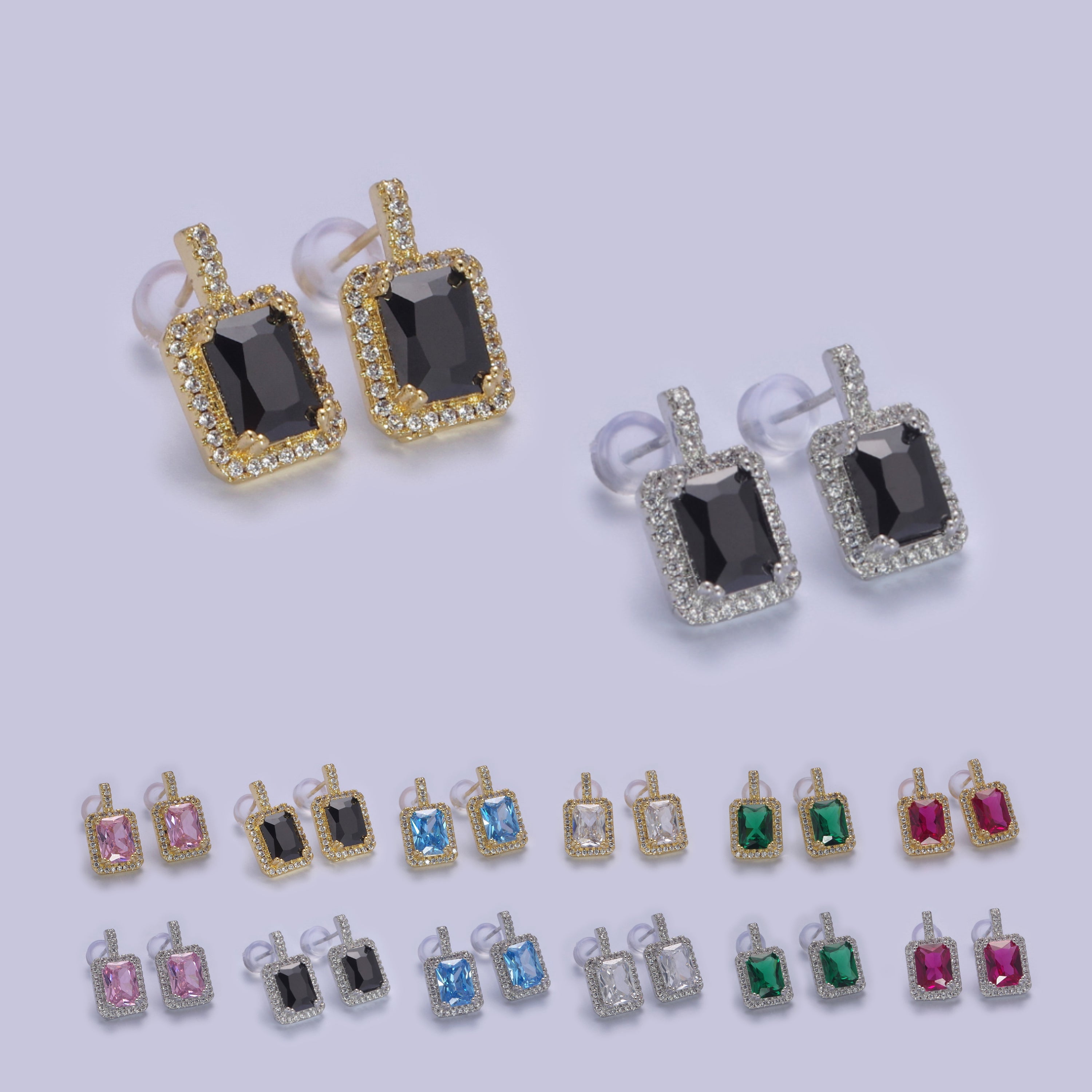 Gold / Silver Emerald Green CZ Paved Ear Posts Rectangle CZ Earring Studs For Party T-354 - DLUXCA