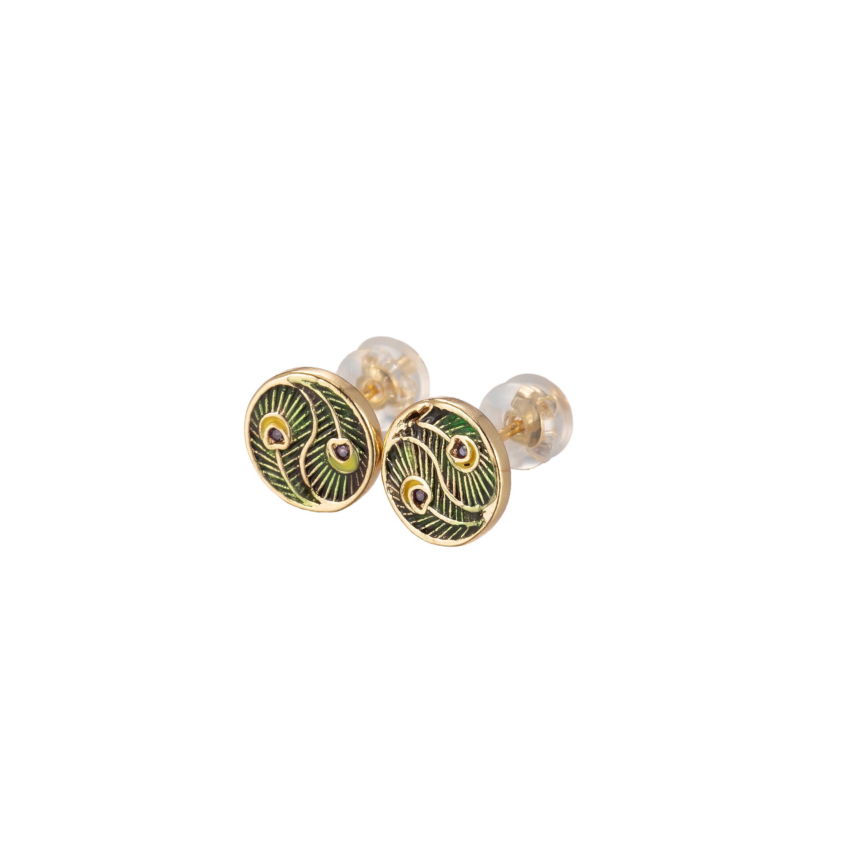 Mini Green Peacock Feather Stud Earring Cartilage Earring, Gold Round stud, dainty gold Animal earring Pushback stud - DLUXCA