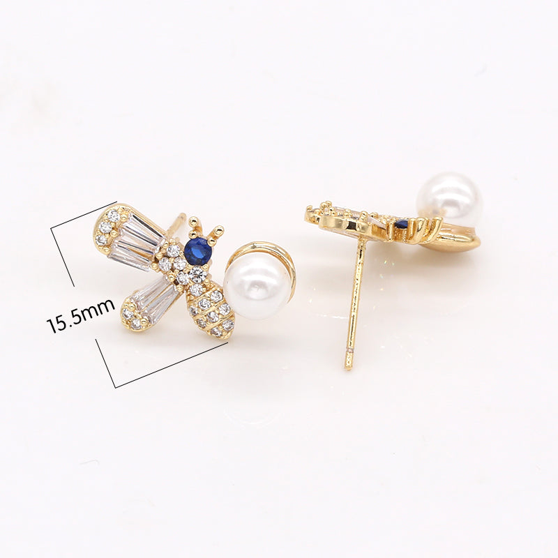 Crystal Golden Wasp Bug Studs Earring, CZ Animal Bug Nature Micro Pave Earring Jewelry GP-635 - DLUXCA