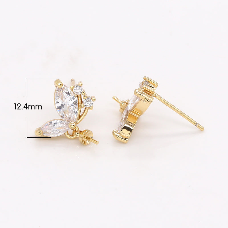 Twin Oval Crystal Studs Earring CZ Golden Dainty Floral Nature Micro Pave Earring Jewelry GP-637 - DLUXCA