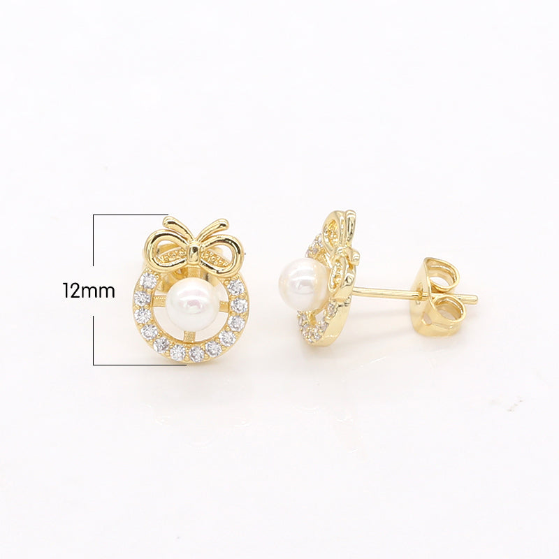 Ribbon Circle Studs Earring CZ Geometric Shape Faux Pearl Micro Pave Golden Earring Jewelry GP-760 - DLUXCA