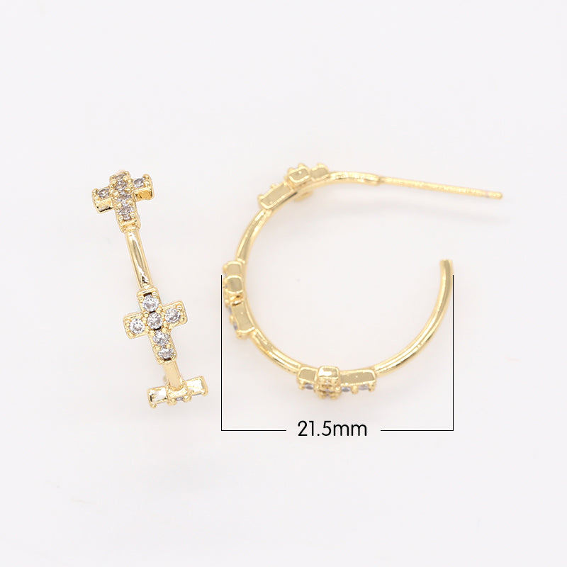 Clear Crystal Cross Round Stud Earrings CZ Christian Cross Symbol Micro Pave Earring Jewelry GP-911 - DLUXCA