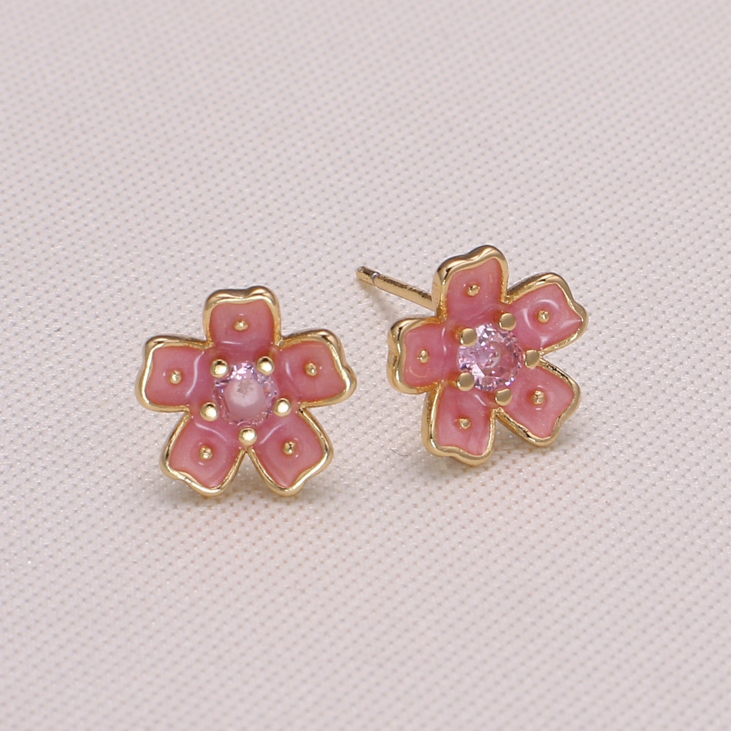 Tiny Peach Gold Zirconia Flower Petal Studs Earring CZ Floral Earring Jewelry - DLUXCA