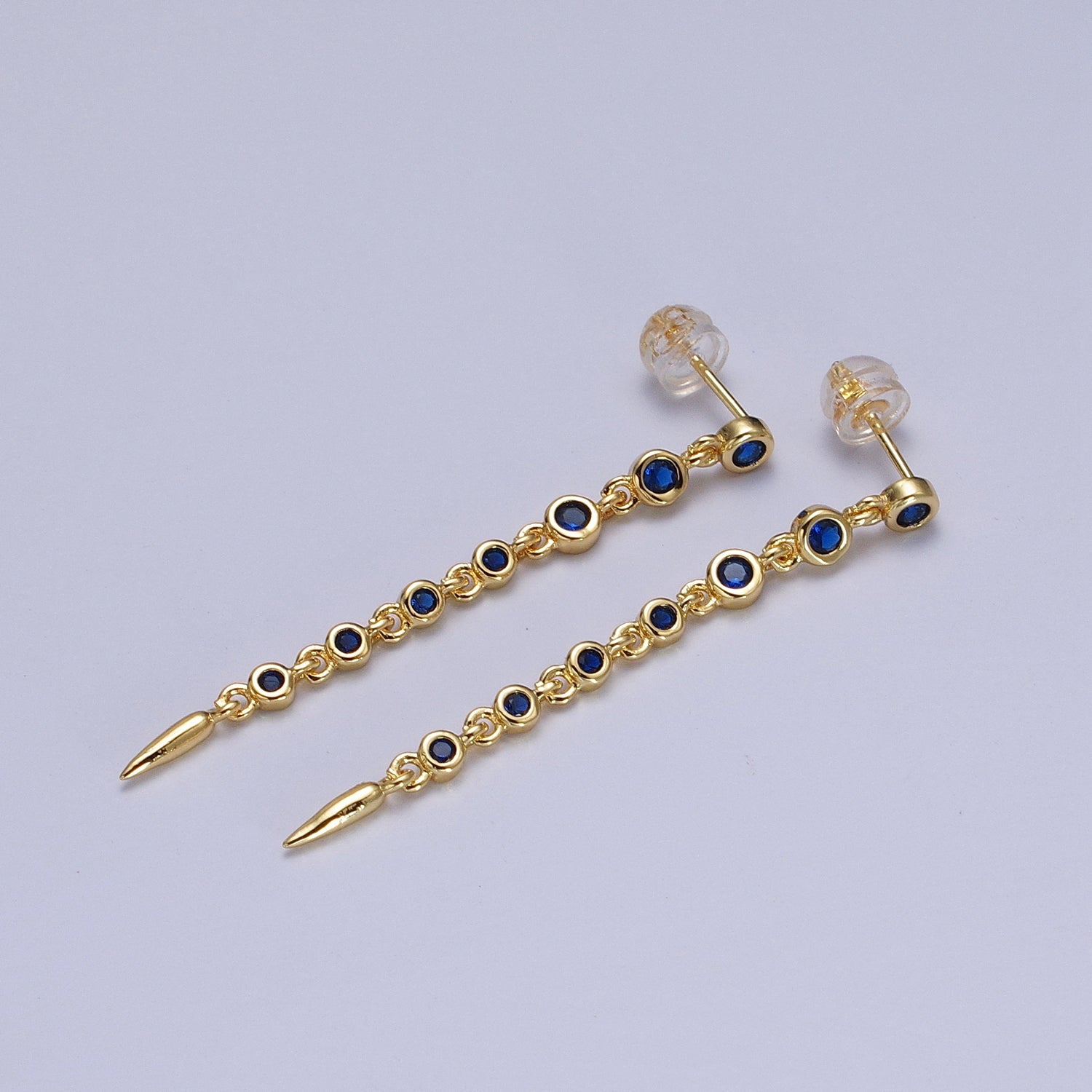 Round Blue CZ Spike Long Linear Drop Gold Earrings | AB006 - DLUXCA